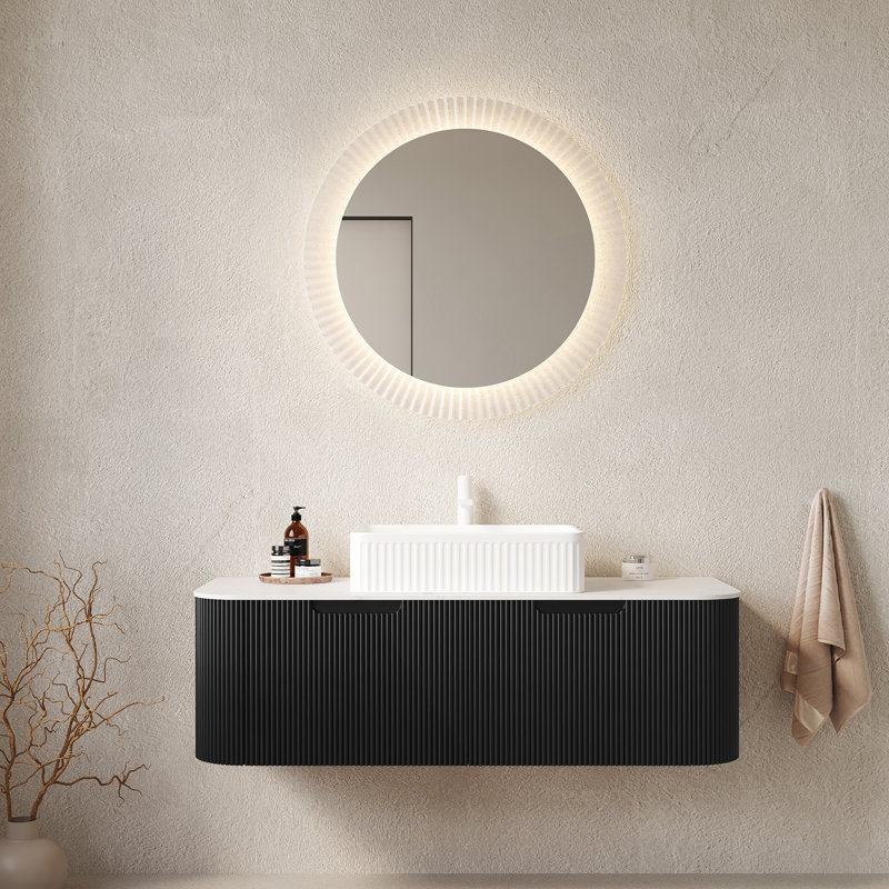 Meuble-lavabo 48 po avec lavabo, meuble-lavabo mural à bords arrondis avec 2 tiroirs, lavabo rectangulaire en céramique blanc, sans robinet, pré-assemblé, couleur noire