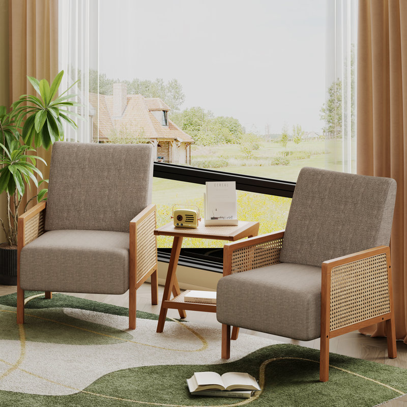 Upholstered Accent Chair With Rattan Arms And Solid Wood Legs, Taupe Linen