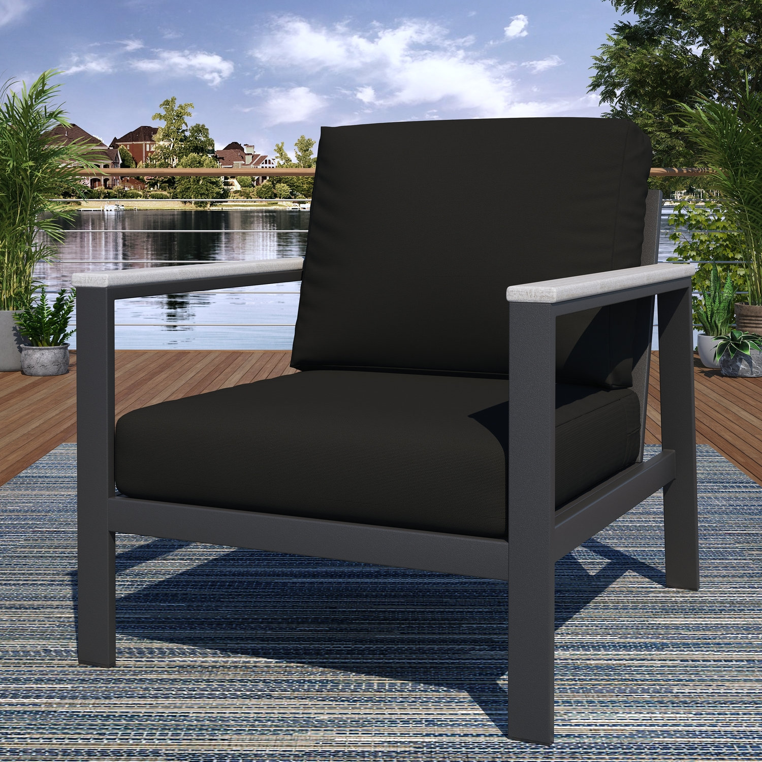 Townsend Outdoor Patio Lounge Chair with Sunbrella Cushions, Canvas Black Sunbrella® Canvas, Brown, Yes