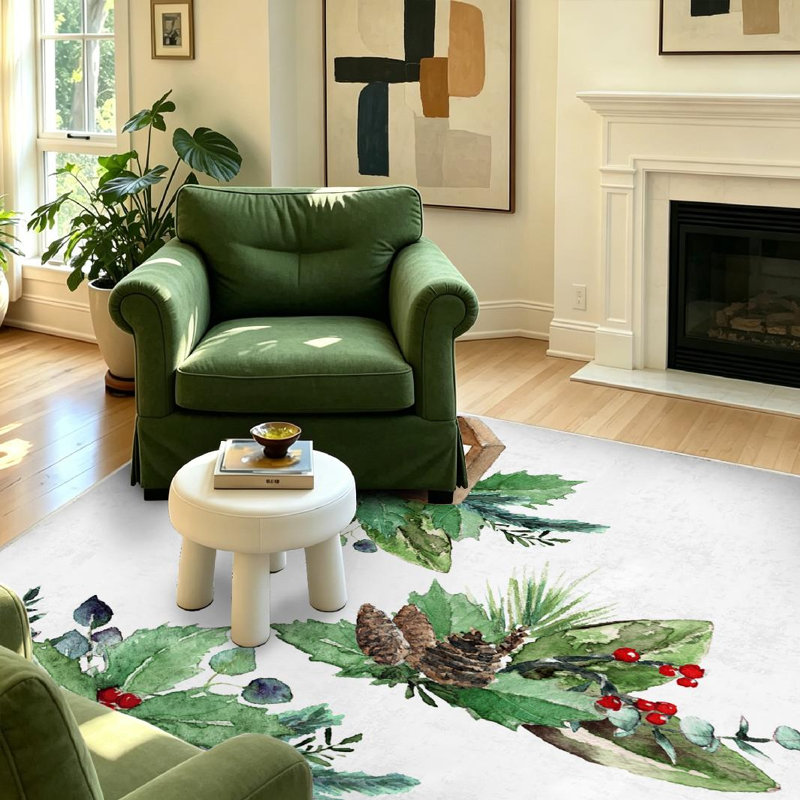 Tapis rouge lavable à la machine, branches de Noël et feuilles d'intérieur, Rectangle 39 po x 63 po