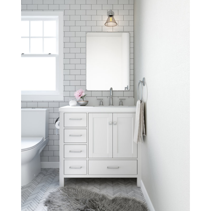 Cambridge 37'' W Single Vanity, White, Pure White Quartz, Rectangular