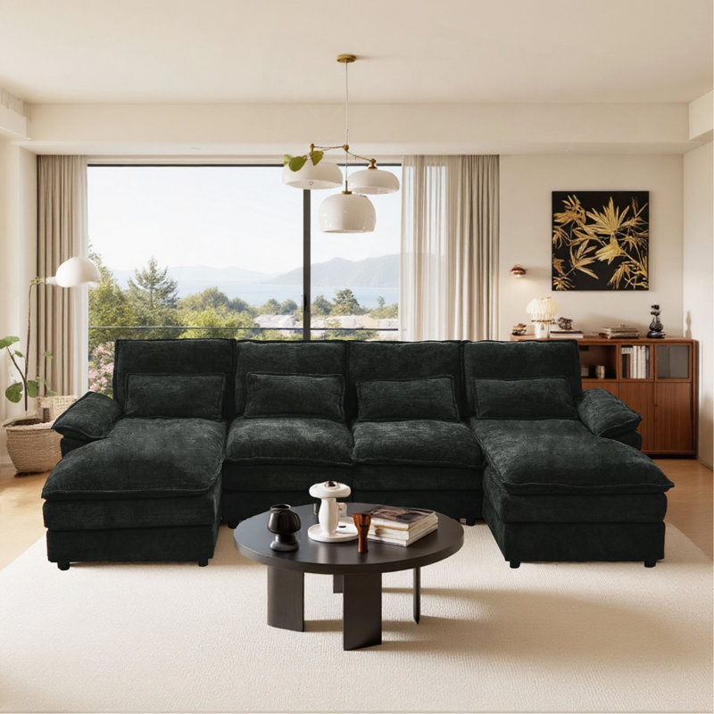 Canapé modulaire de 110 po avec canapé modulaire 110 po avec méridienne double, canapé de loisirs en U rembourré en chenille et coussins avec mousse à mémoire de forme et coussins de taille pour le bureau du salon.