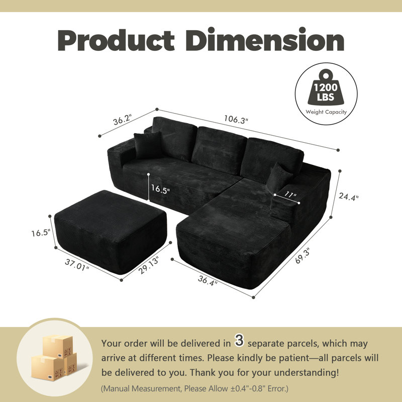 Ensemble de salon modulaire 3 pièces avec repose-pieds désossé sans siège Bonif, Velours côtelé noir, Oui