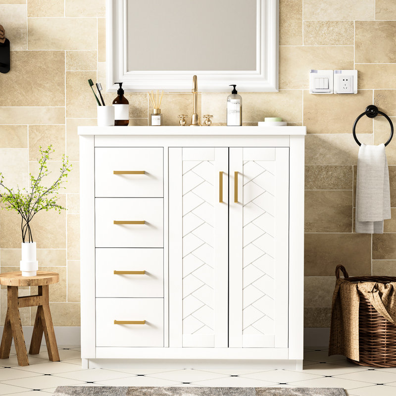 Meuble-lavabo en céramique 30 po - 3 tiroirs pour rangement pratique 2 portes, Blanc