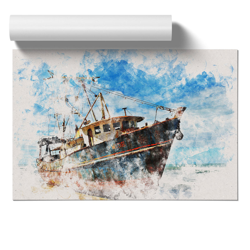 Boat Wreck on the Beach Watercolour - Frameless Print, 30cm H x 42cm W x 0.1cm D