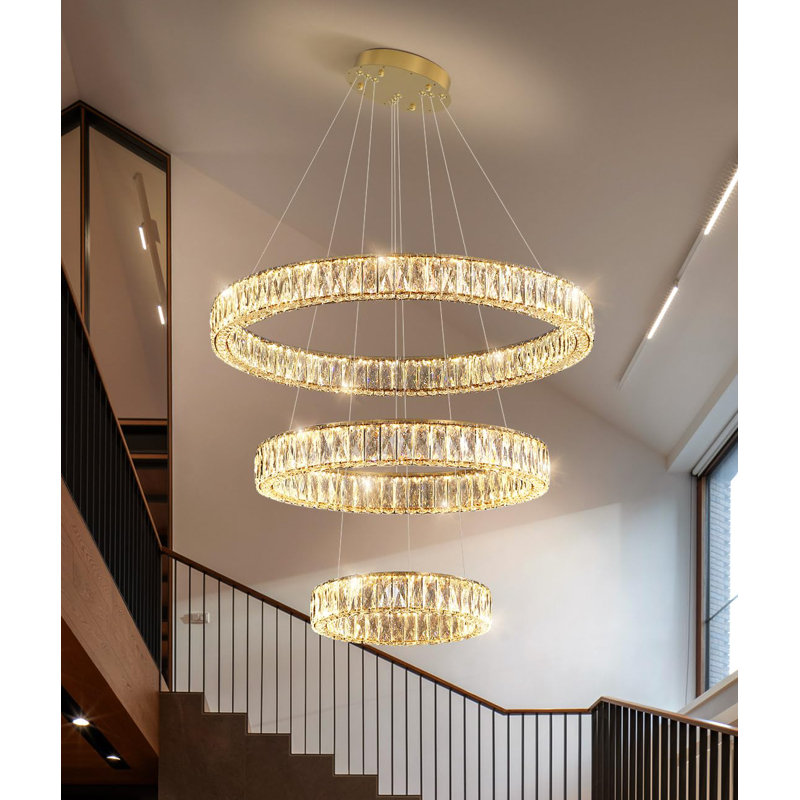 Grand lustre à intensité variable avec anneaux en cristal, Doré, H 78 po x l 31,4 po x P 31,4 po
