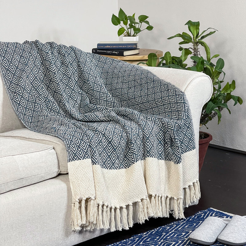 Ivory and Teal Blue Cotton Peacock Throw Blanket with Fringe