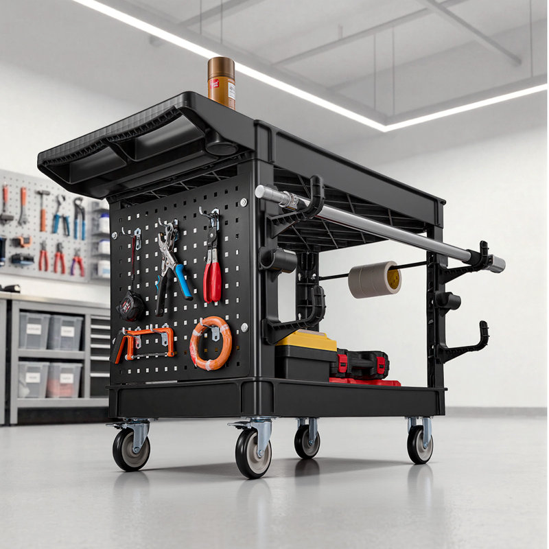 Chariot utilitaire, capacité de 250 kg, chariot de service à 2 niveaux avec roues pivotantes à 360° et roues fixes (dont 2 avec freins), en plastique robuste avec plateau et panneau perforé, rangement d'outils pour garage ou entrepôt, noir