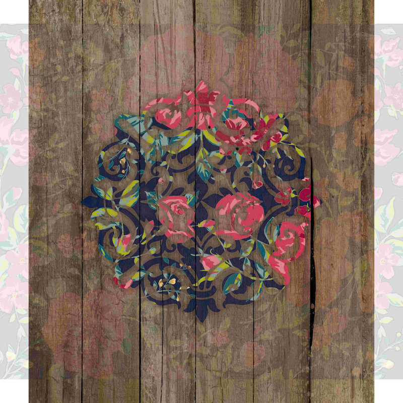 Cercle en bois à motif floral bleu marine et rose, H 12 po x l 12 po