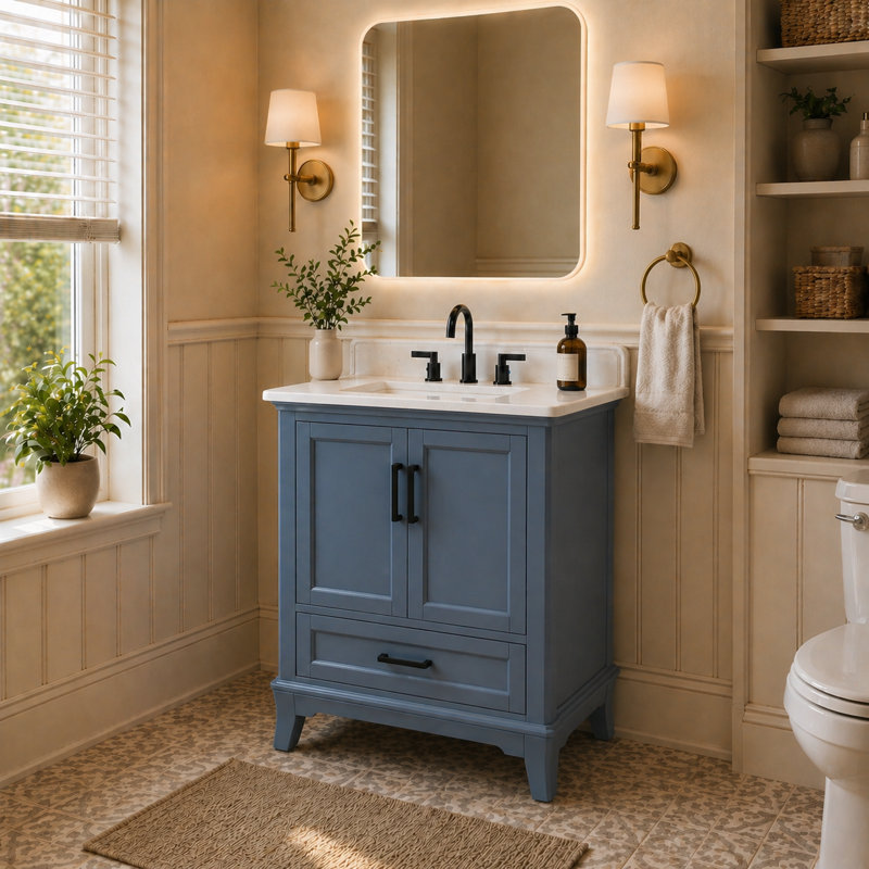 Ensemble de meuble-lavabo autoportant à simple cuve 30 po avec plateau en quartz Allendale, tiroirs et portes à fermeture en douceur