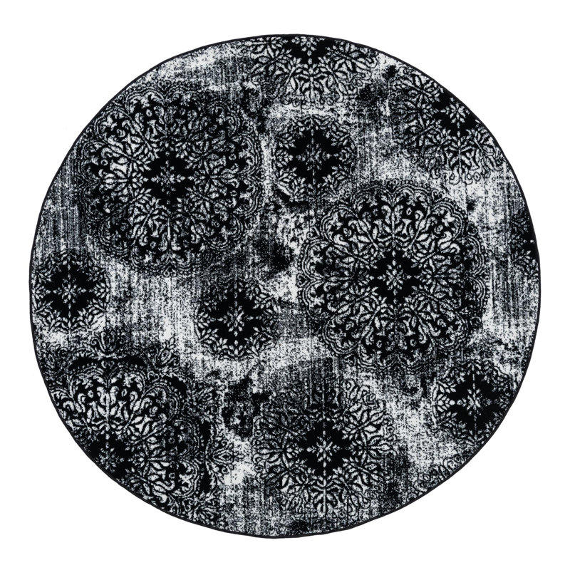 Tapis floral Brandt, Rond 7 pi 1 po, Noir / blanc