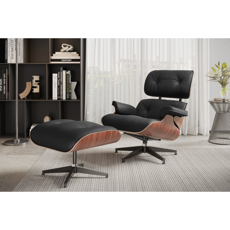 Chaise longue avec repose-pieds en cuir Armoni, couleur noire, Cuir noir