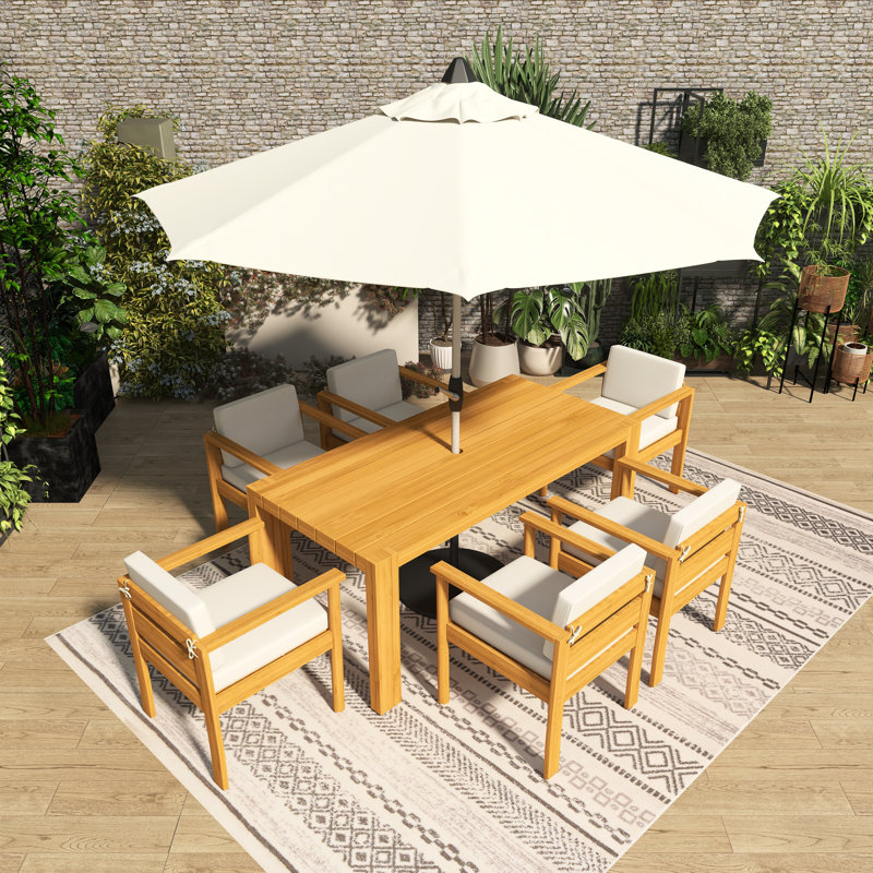Ensemble repas d'extérieur 7 pièces avec coussins amovibles et trou pour parasol 7 pièces, Teck clair