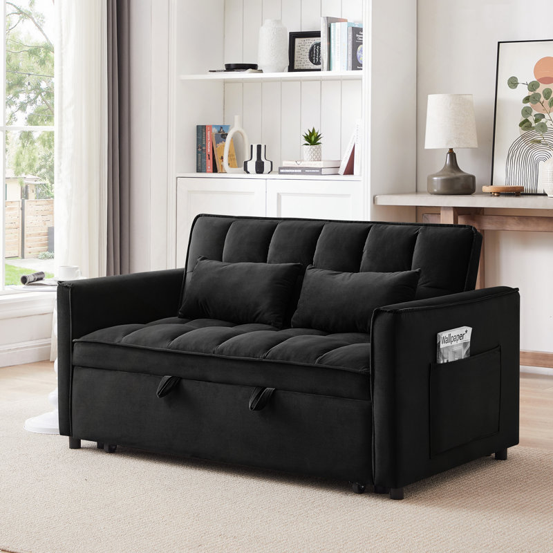55.1" 3-In-1 Convertible Sofa Bed, Modern Velvet Double Sofa Futon Sofa Bed With Adjustable Back, Storage Bag And Pillow, For Living Room, Bedroom