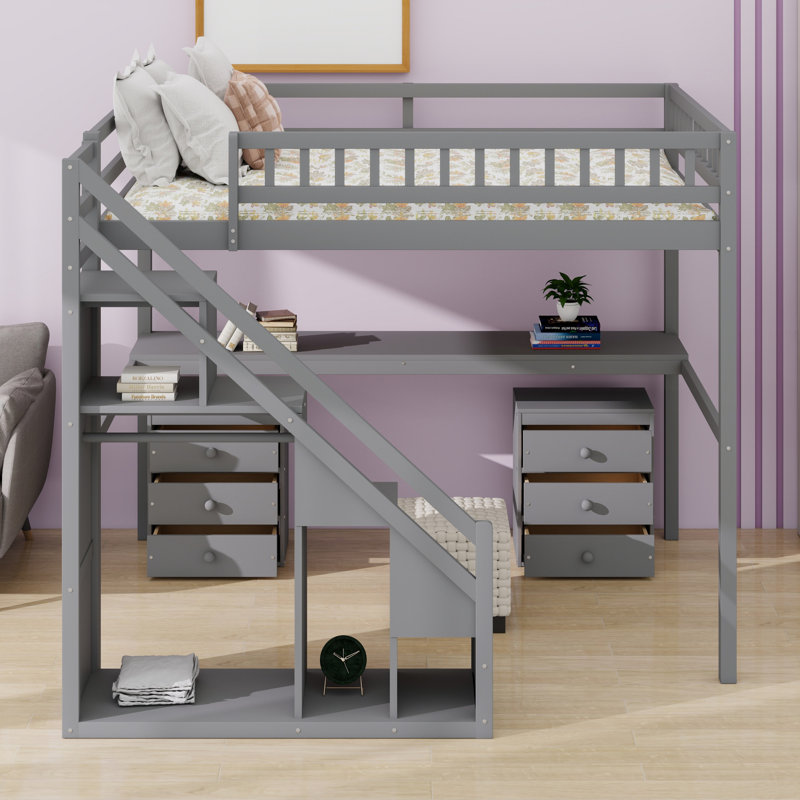 Lit mezzanine moderne avec deux tiroirs de commode, bureau d'étude et bande lumineuse, Grey, Lit double