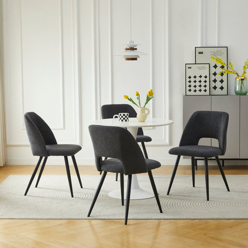 Jonko Modern Comfy Beige Teddy Fabric Upholstered Metal Legs Dining Accent Side Chair Set of 4, Black