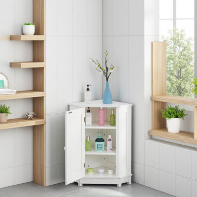 White Bathroom Cabinet Triangle Corner Storage Cabinet With Adjustable Shelf Modern Style MDF Board