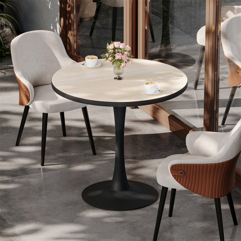 Modern Round Travertine Stone Top Dining Table Pedestal Base For Kitchen Patio 30 Inch, Beige/Black