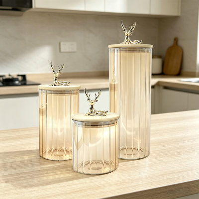 16.9 oz 26.4 oz 33.81 oz Vertical Striped Amber Glass Storage Canisters Tight Moisture Sealing Lids