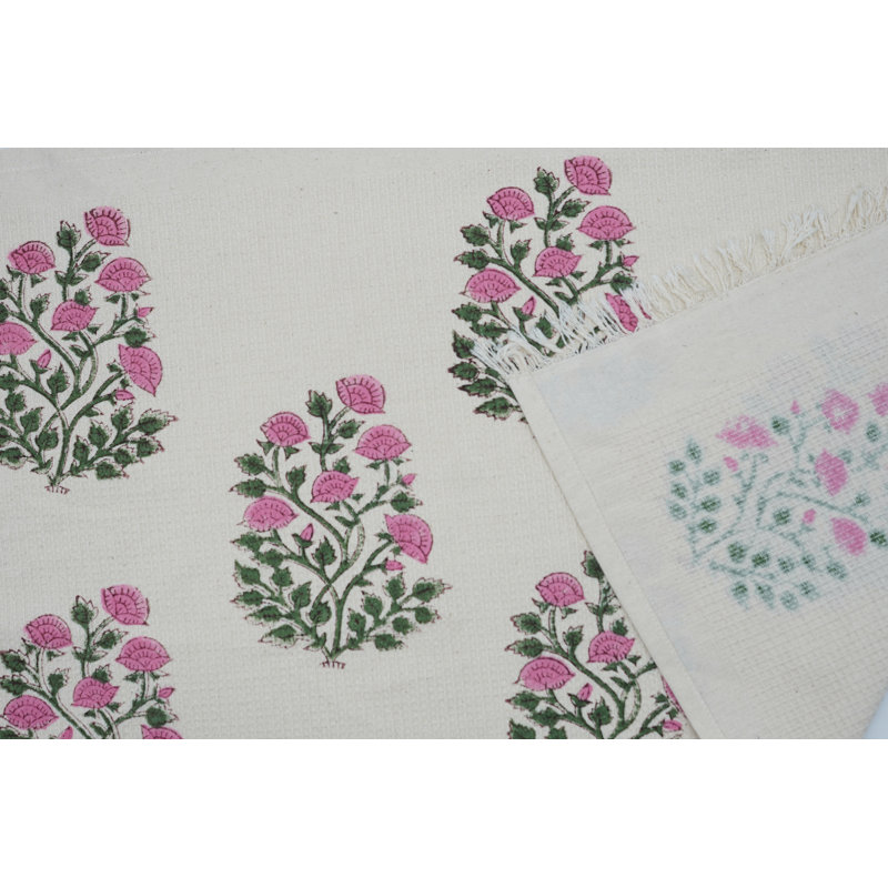 Block Floral Print Hand Towel Bath, Kitchen Waffle Weave, Pink