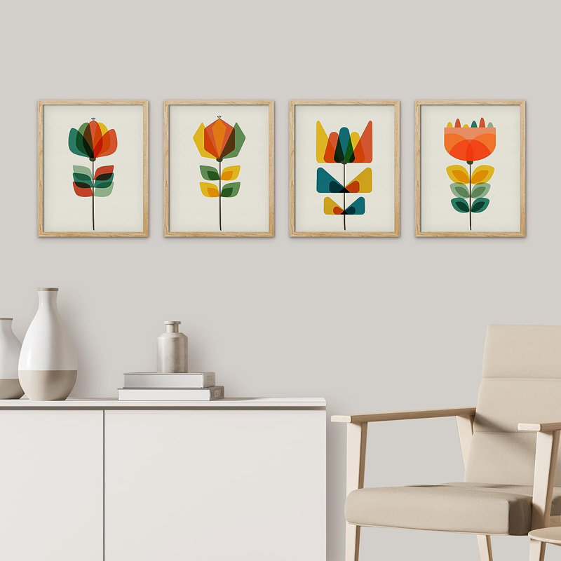 " Mid-Century Modern Retro Botanical Flower Garden " 4 - Pieces, 14" H x 11" W, Natural