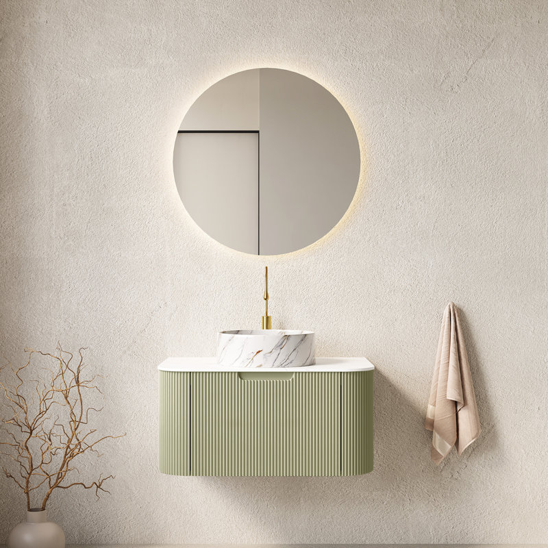 Meuble-lavabo de 30 po avec lavabo rond en céramique blanc et motif de pierres, armoire rayée 3D, pré-assemblé, rangement spacieux, système de fermeture en douceur