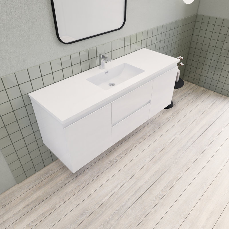 Alcester 59.2 " W Wall Mounted 1 Single Vanity Bathroom Vanity With Resin Top, Gloss White