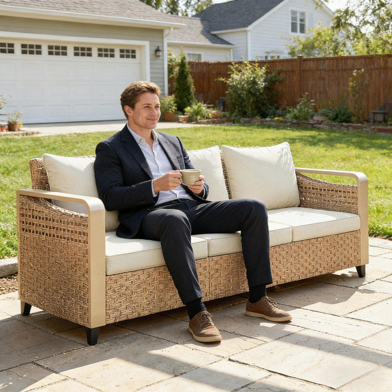 Backyard Sofa,Outdoor Patio Sofa,Garden Rattan Wicker Sofa, Beige