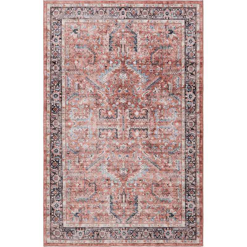 GLN Rugs Traditional Collection - Machine Washable Area Rug, Traditional Washable Rug, Non Slip Washable Rug, Low Pile Chenille Living Room Rug, Bedroom Rug, Kitchen Rug (Terra Cotta Rug)