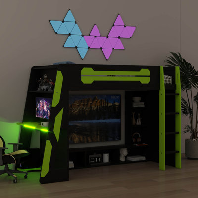 Twin-Sized Loft Bed For Teen And Adult Gamers, Includes Desk, Storage Units, Ladder, Safety Guardrail & LED Lights