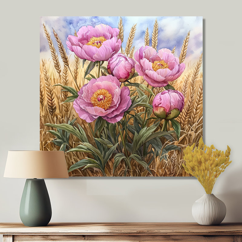 Pe pivoines dans le champ de blé III - pivoines, art mural sur toile, Toile tendue, Ne s’applique pas, H 16 po x l 16 po