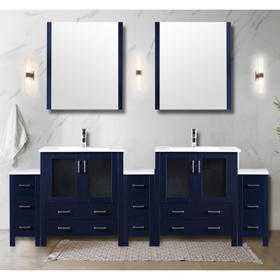 Navy Blue, Double Bath Vanity, 96 In. W, Stainless Steel Faucet, 28 Mirrors, White Ceramic Top, Well - Equipped Bathrooms Wide, Bathroom Use