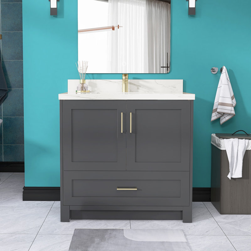 Armoire de salle de bain autoportante en bois massif l 36 po x P 21,5 po avec tiroir en queue d'aronde et porte à fermeture en douceur (assemblé)