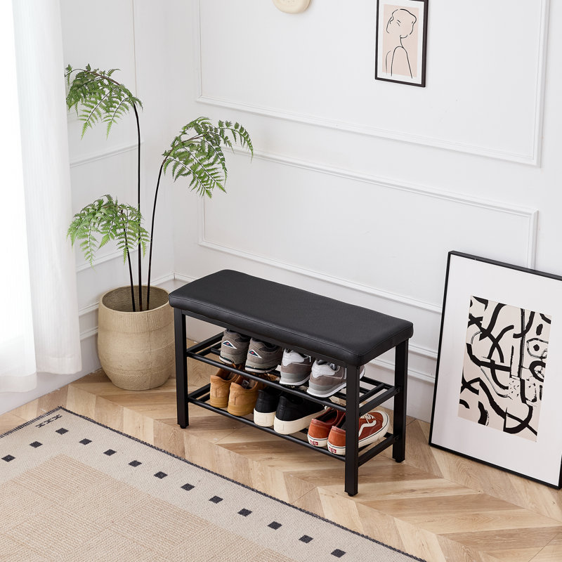 Banc d'entrée pour chaussures avec surface en lin, 3 rangements, éponge à rebond élevé, convient aux salles de bain, banc à assemblage rapide, coussin de siège d'unité centrale, chambres à coucher,