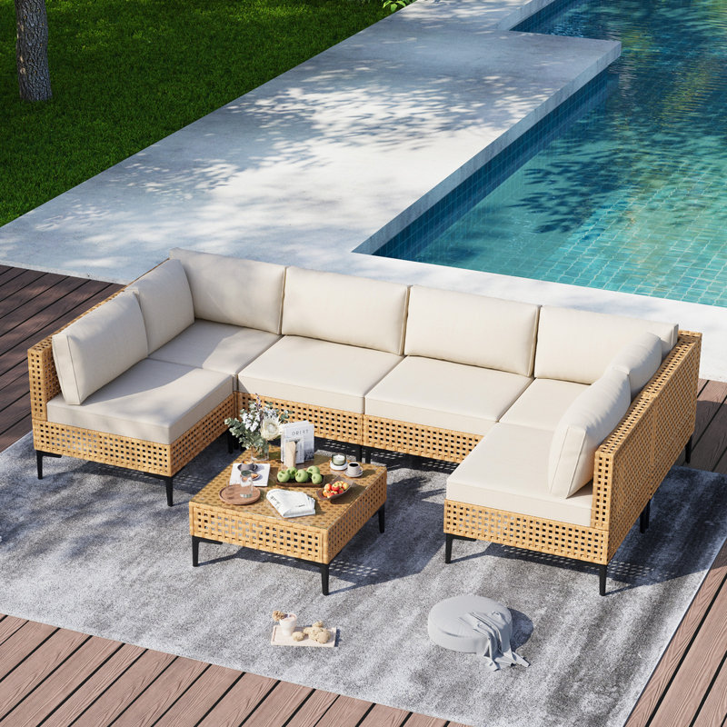Ensemble modulaire d'extérieur pour terrasse avec coussins et table basse - Osier PE toutes saisons, conception modulaire, style bohème
