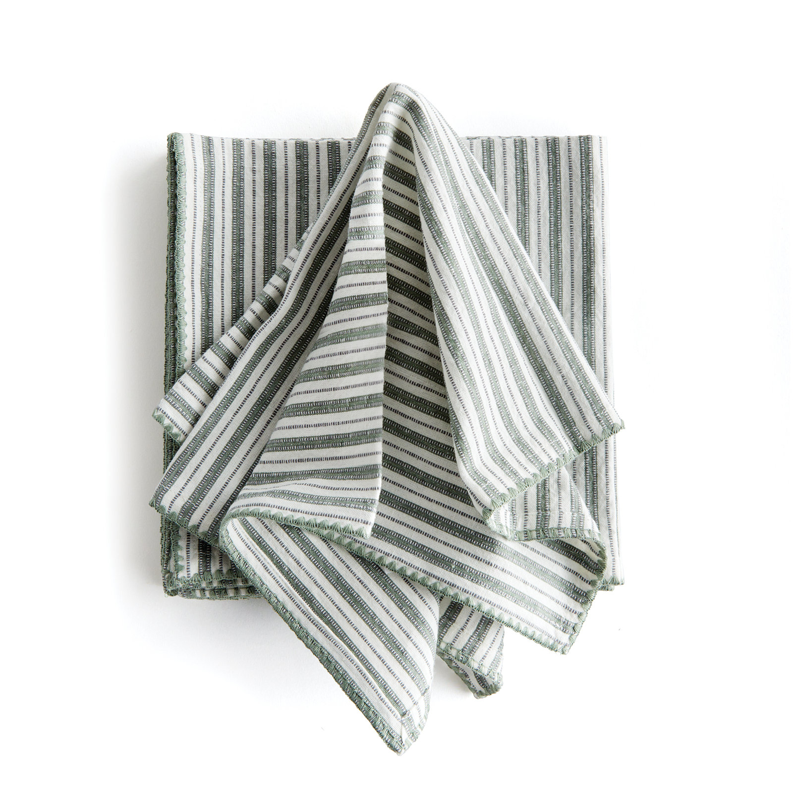 Olenna Feuille Cotton Dinner Napkins in Verdant Green, Looped Border, Striped