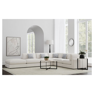 Canapé d'angle en L 6 pièces Rhette Beige, capitonné, avec coussins réversibles et coussins décoratifs