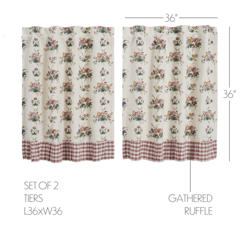 Margaret Floral & Gingham Ruffled Cotton Tier Curtain Set - 36x36 Dusty Rose & Natural Cafe Curtains, L 36 po x L 72 po