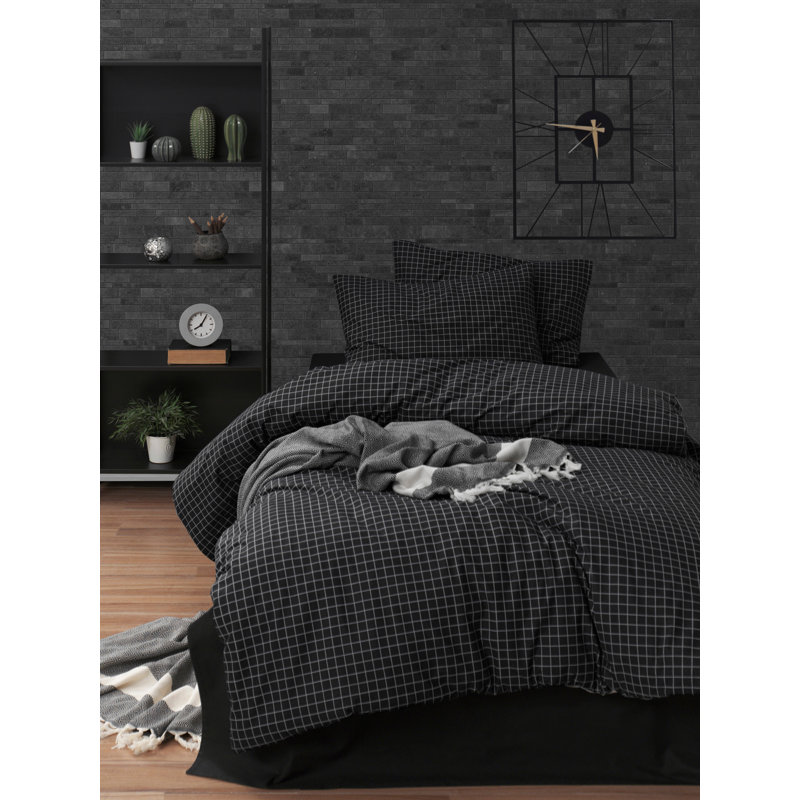 Ensemble de housse de couette 100% coton noir Flemister, Housse de couette simple + 1 taie d'oreiller stand