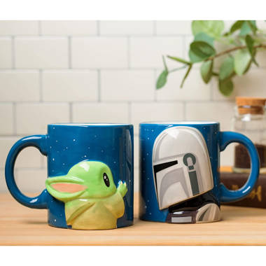 JoyJolt Star Wars™ Awake Mandalorian The Child Glass Mugs - 13.5 oz - Set  of 2 Double Walled Coffee Mugs