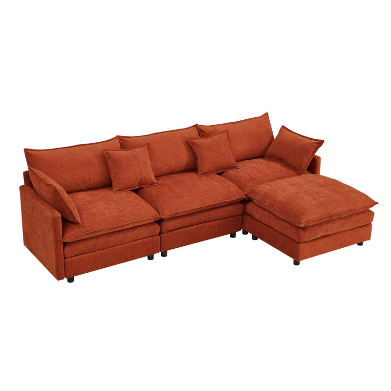 Modular Chenille Sectional Sofa with Ottoman, Dark Orange Chenille, Right Hand Facing