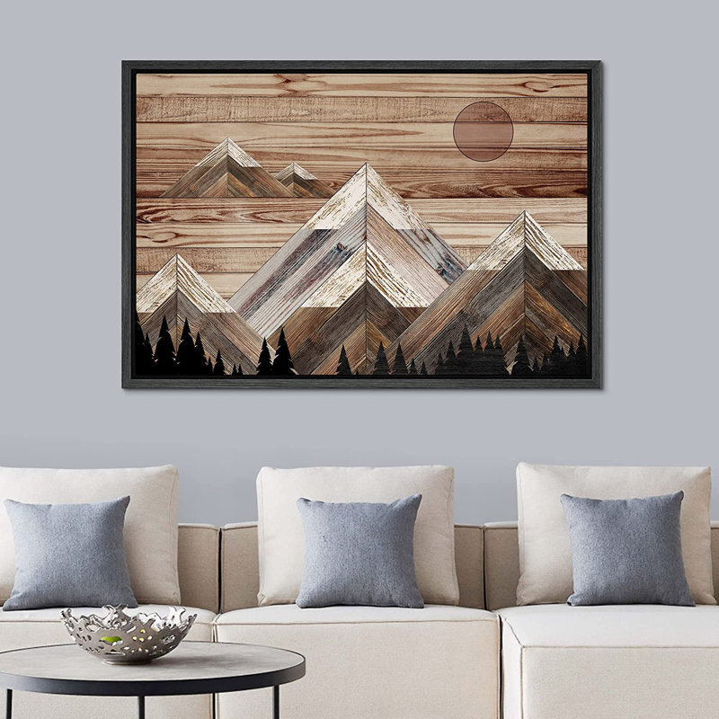 «Western Wood Effect Landscape Sunlight Snowy Mountain Range Sky Nature Wilderness - Floater Frame», impression sur toile