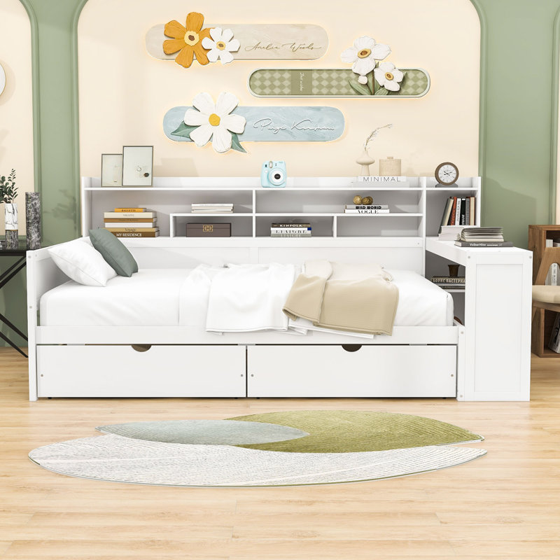 Wood Daybed with Drawers, Desk and Shelves