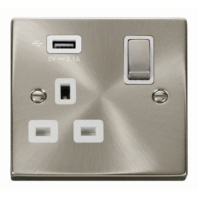 Satin / Brushed Chrome 1 Gang 13A DP Ingot 1 USB Switched Plug Socket