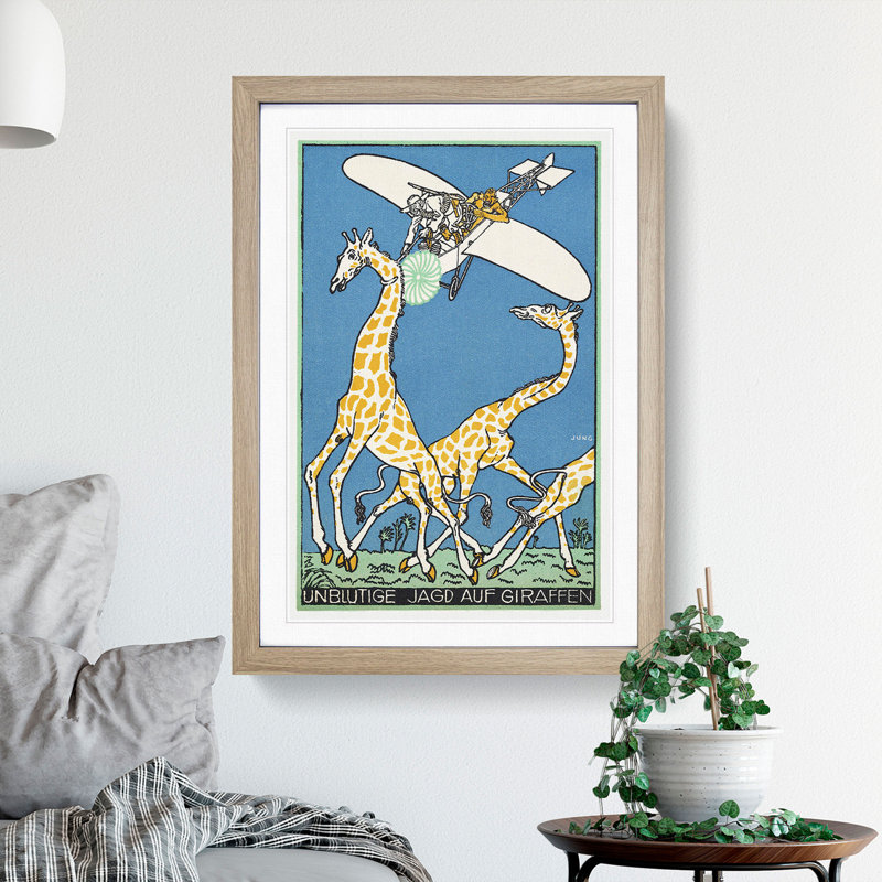 Giraffe Hunt by Moriz Jung - Picture Frame Painting, Oak Framed, 48cm H x 36cm W x 2cm D