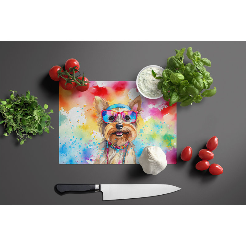 Yorkshire Terrier Hippie Dawg Glass Cutting Board Large