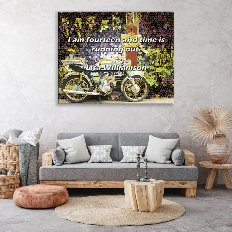 Citation artistique «J'ai quatorze ans et le temps presse.» Toile tendue par Lisa Williamson, H 24 po x l 17 po