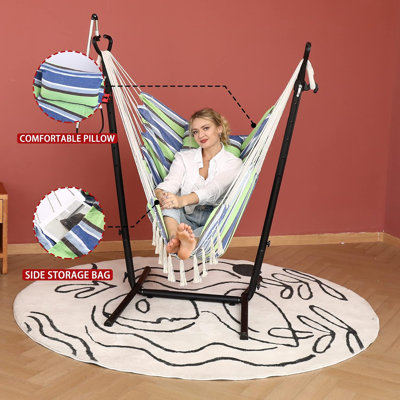 Chaise de hamac avec support Chaise de hamac double de style bohémien avec pampille Support de téléphone portable Balancelle de jardin intérieure et extérieure réglable manuellement avec tapis de sol Capacité d'inclinaison de 400 livres