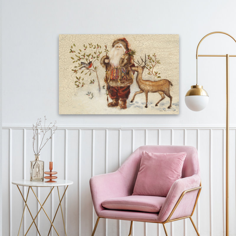 Père Noël avec un cerf - animaux, oiseaux beiges, art brun, H 24 po x l 36 po