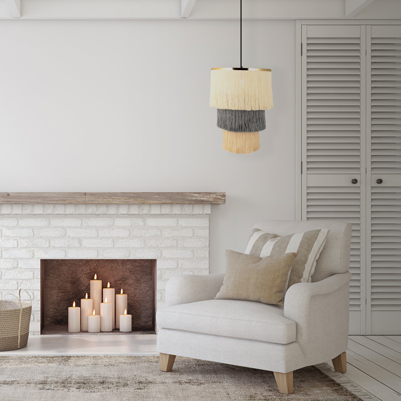 18"W  Cheyanna Cream and Gray Fringe Pendant Light